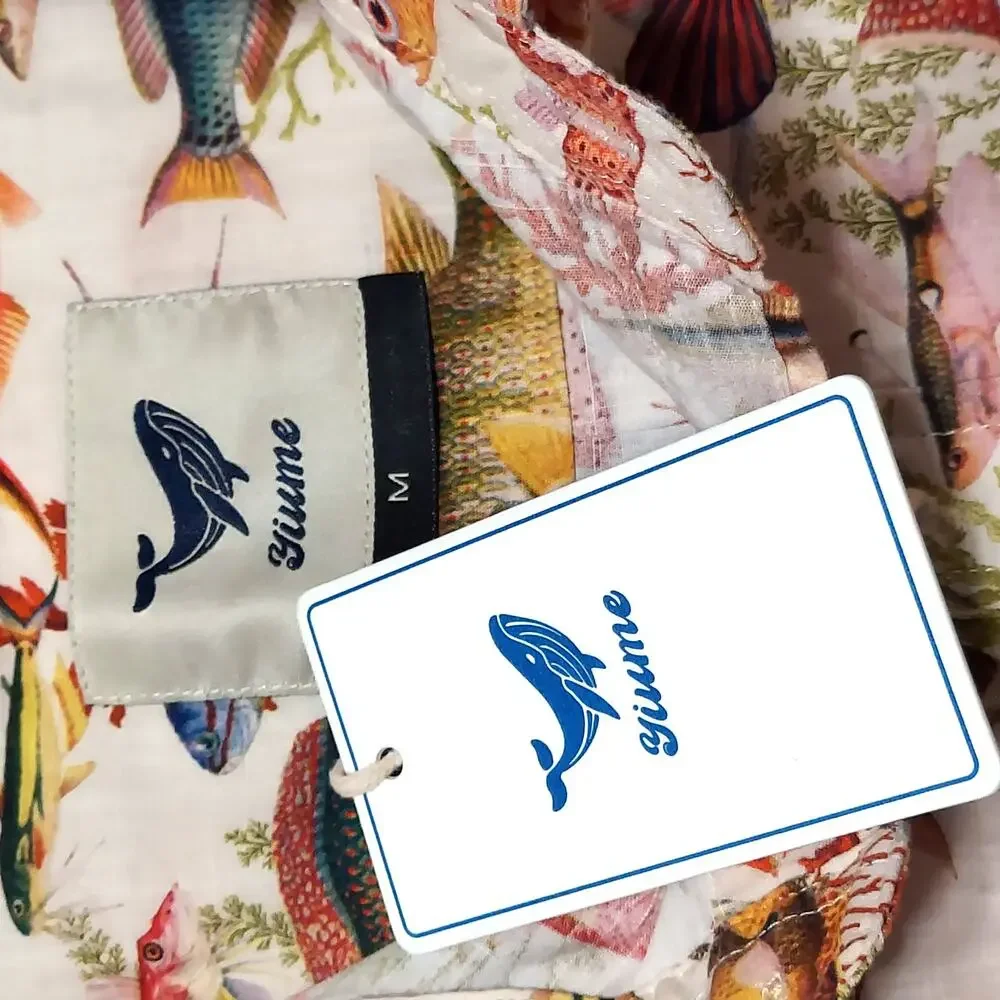 Yiume Men's Tan Hawaiian Multicolor Fish Print Button Front Shirt